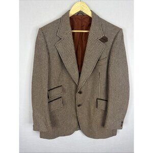 Vintage Palm Beach Tweed Sport Coat Houndstooth Wool Blend 44R Brown USA 70s